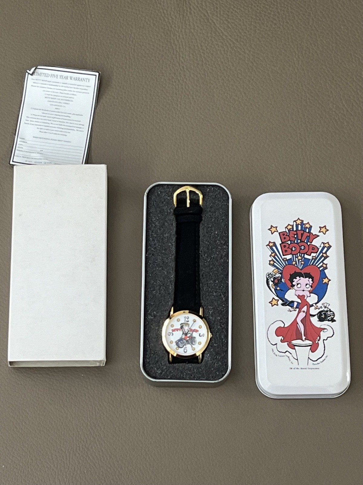 RARE Vintage Betty Boop Watch Gold Tone Faux Suede Band Original Case Brand New