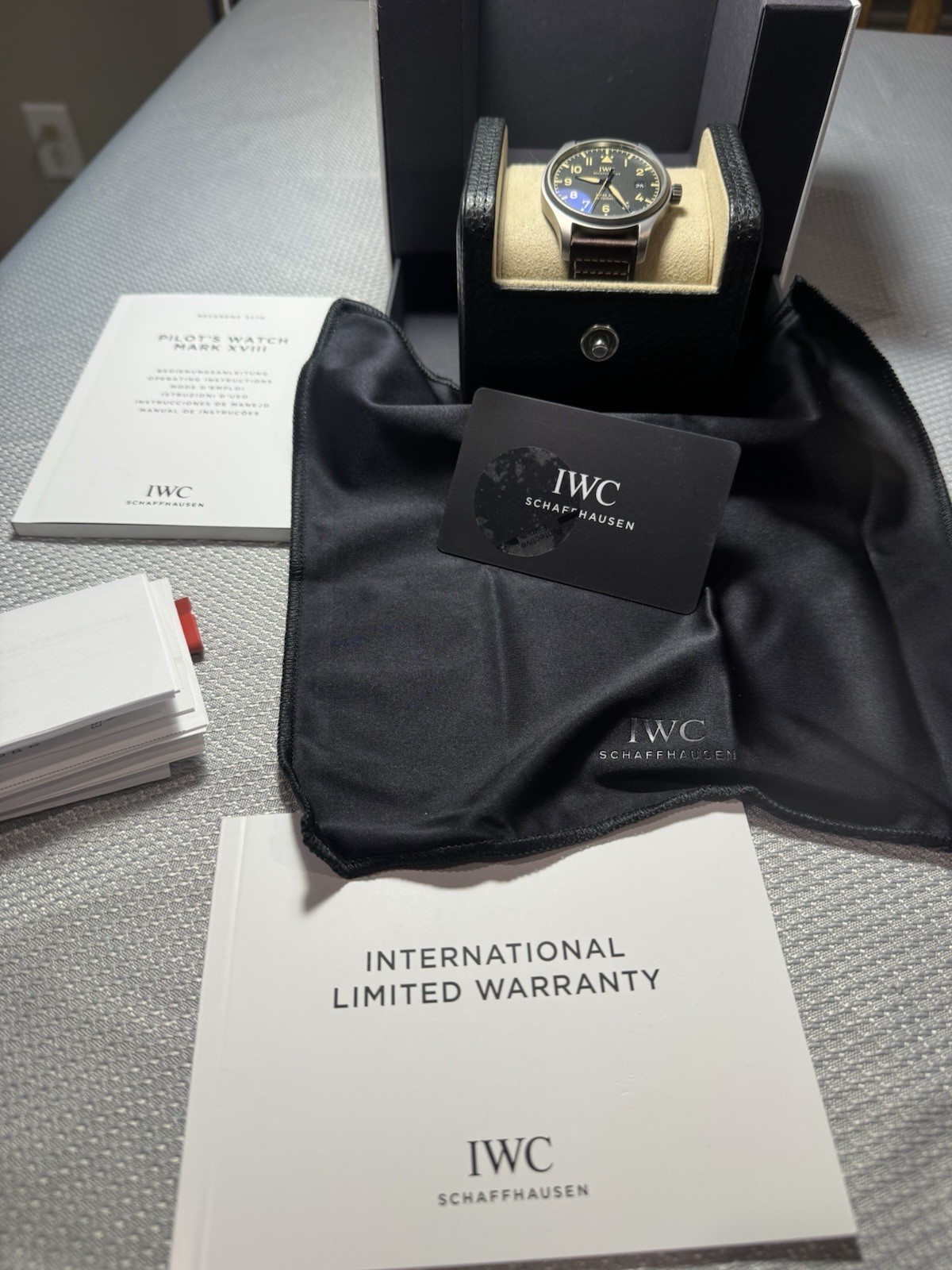 IWC Pilot’s Watch Mark XVIII Titanium Black Dial Date Brown Leather Strap