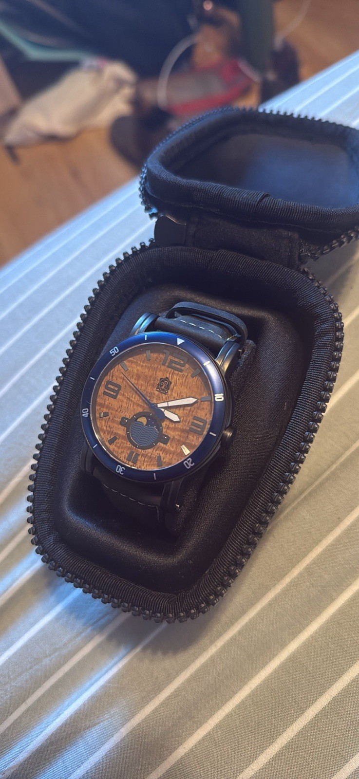 PONO WOODWORKS Waterman Koa Wood Men Watch 47mm,Blue Silicone Strap,Moon Phase