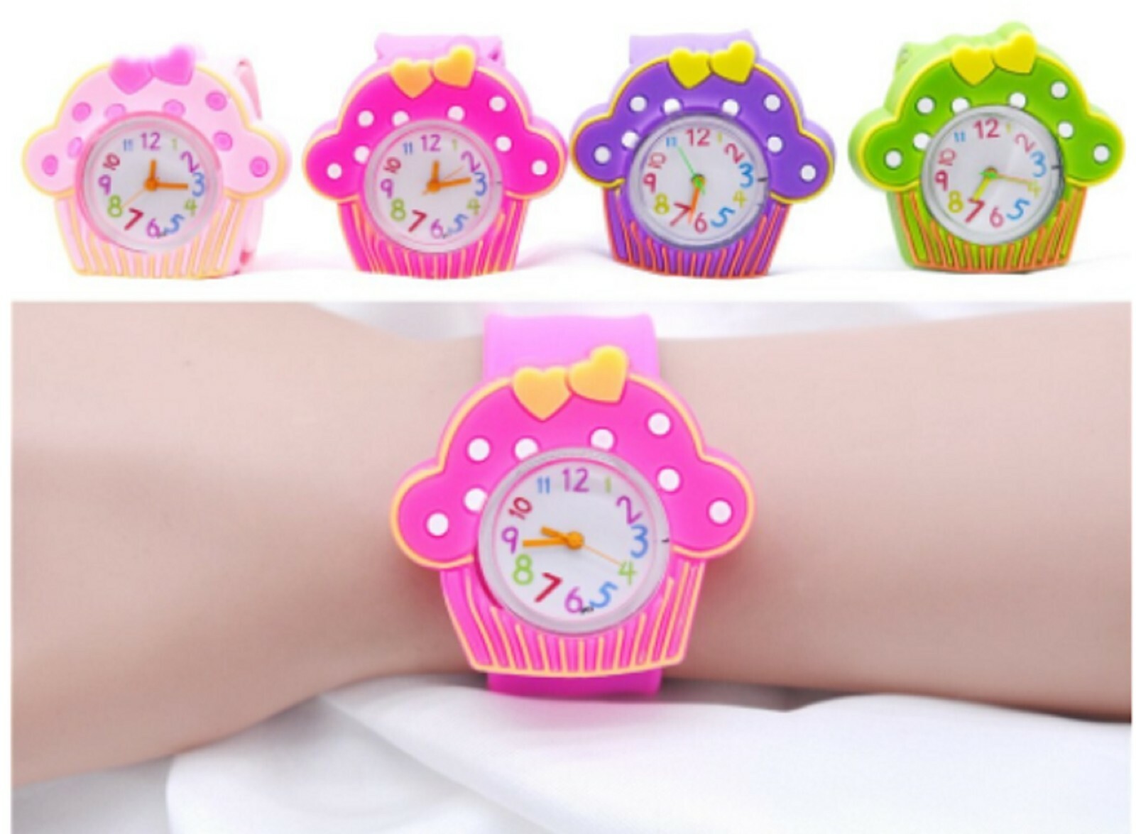 Quality Cupcake Girls Boys Wrist Watch Slap Strap Cup Cake Purple Pink Green UK