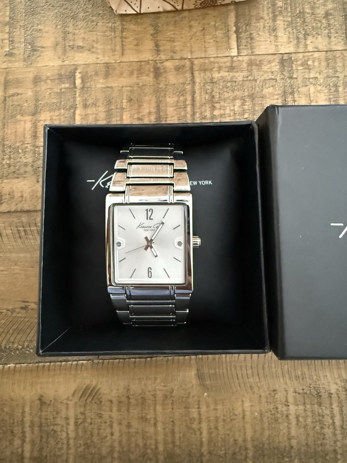 Kenneth Cole New York Rectangular Quartz Watch Silver Dial Steel Bracelet Box