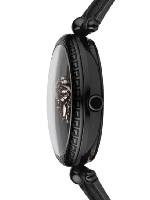 VERSACE BLACK DIAL LOGO BLACK LEATHER STRAP SWISS QUARTZ MOVEMENT WATCH