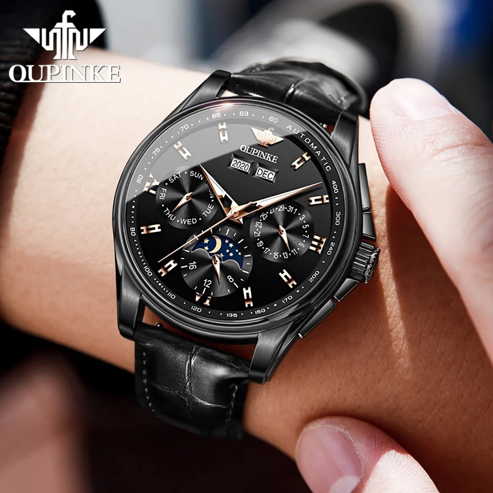 Automatic Mechanical Watch Waterproof Moon Phase Luxury Men Men’s Strap