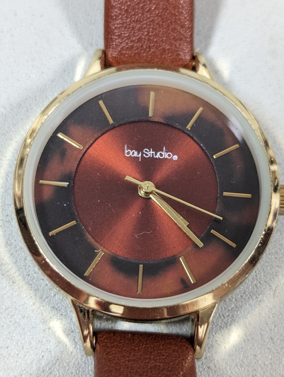 Bay Studio Brown Red Dial Gold Tone Case Brown Faux Leather Band Watch 8 Inch