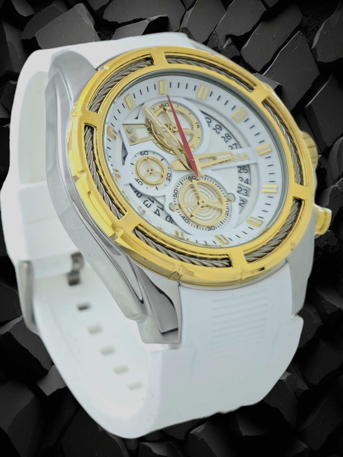 COOSSA ORIGINAL Men’s Chronograph Watch 48MM Case White Silicone Band 30M WR