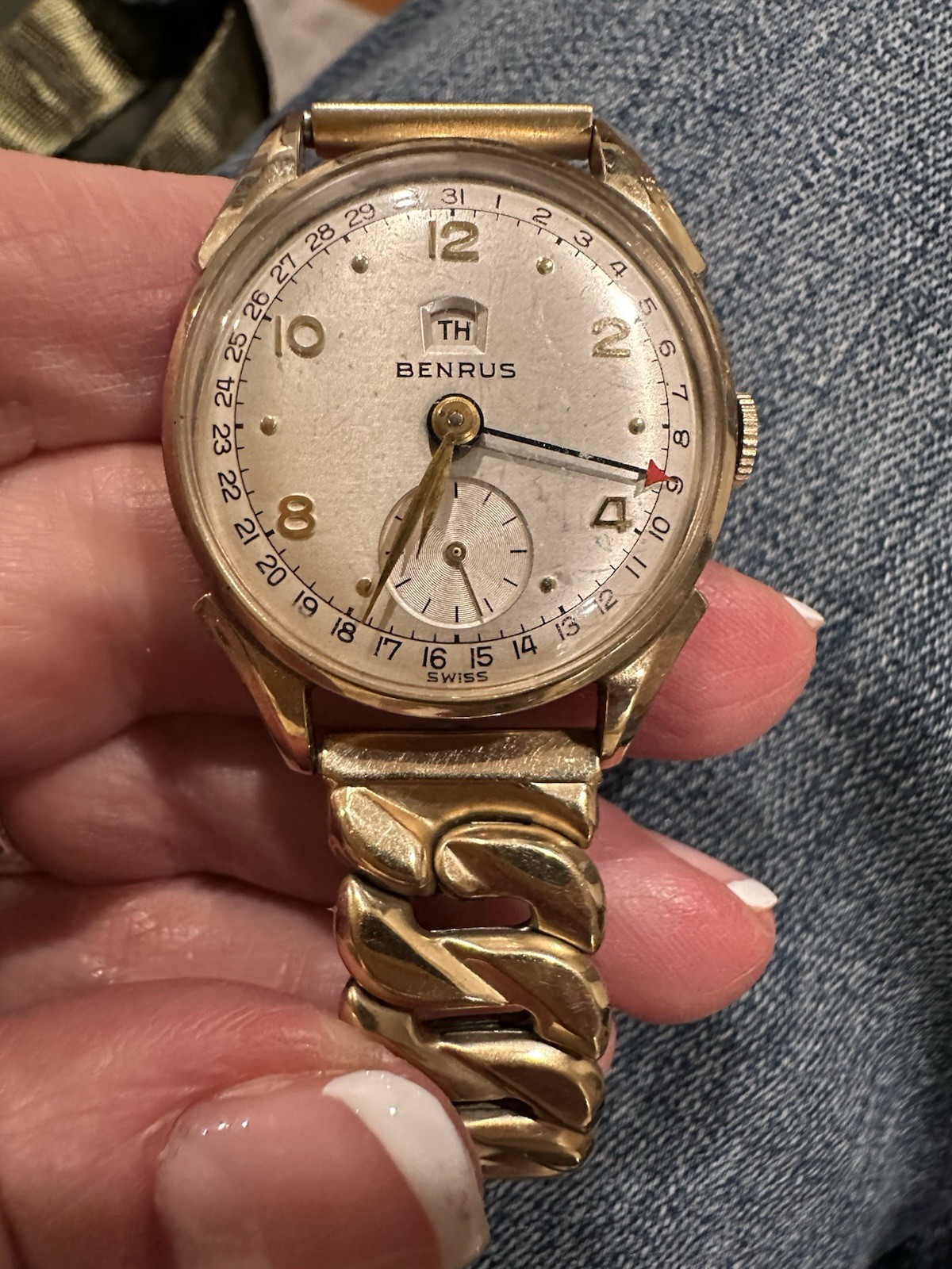Vintage Benrus Pointer Date Day Calendar Swiss Watch 17J Red Arrow 1950s Runs