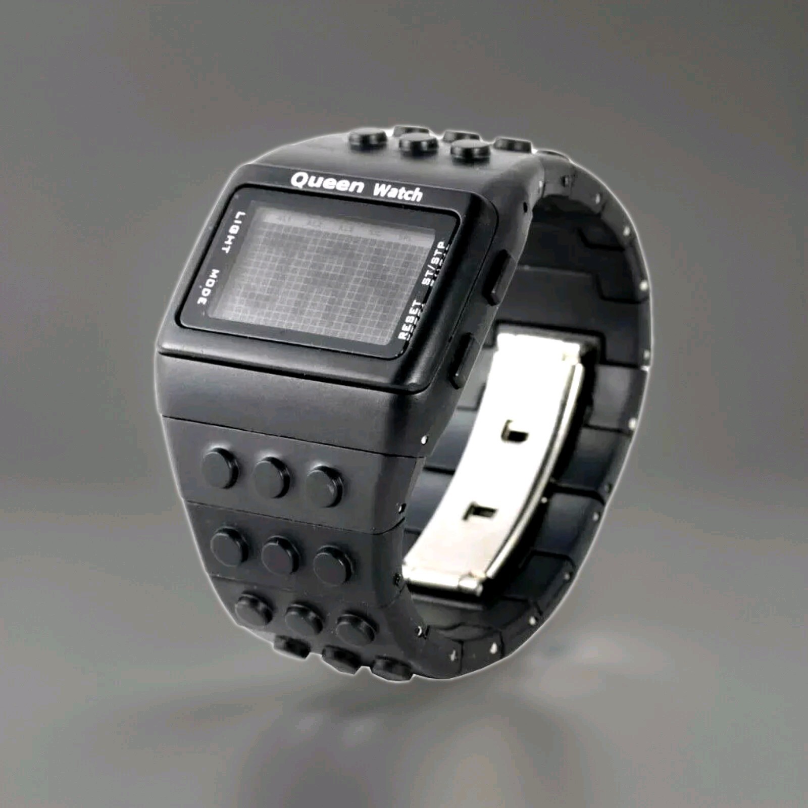 Queen Watch Orologio All Black Quartz Lcd Display Deployment Clasp
