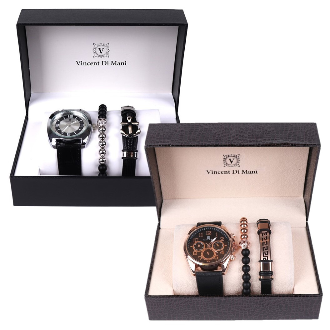 Men’s Stylish Wrist Watch & Metal Leather Bracelets Gift Box Sets