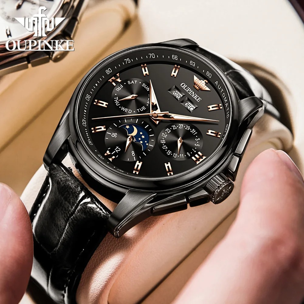 Automatic Mechanical Watch Waterproof Moon Phase Luxury Men Men’s Strap