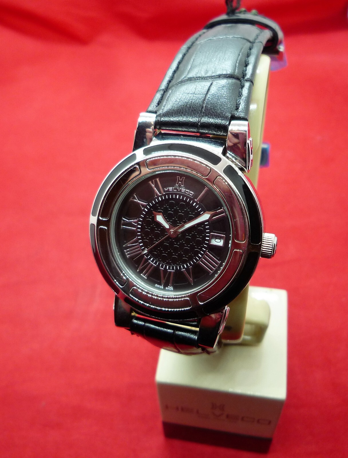 Swiss Made Helveco H17-0 Chrome Black Wristwatch Leather Strap Deployment Clasp