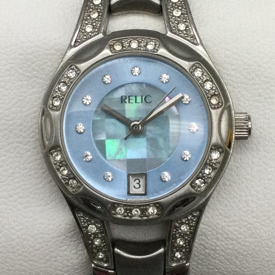 Relic Womens Watch 25mm Blue MOP Stainless Crystals Date ZR1675 New Battery 6″