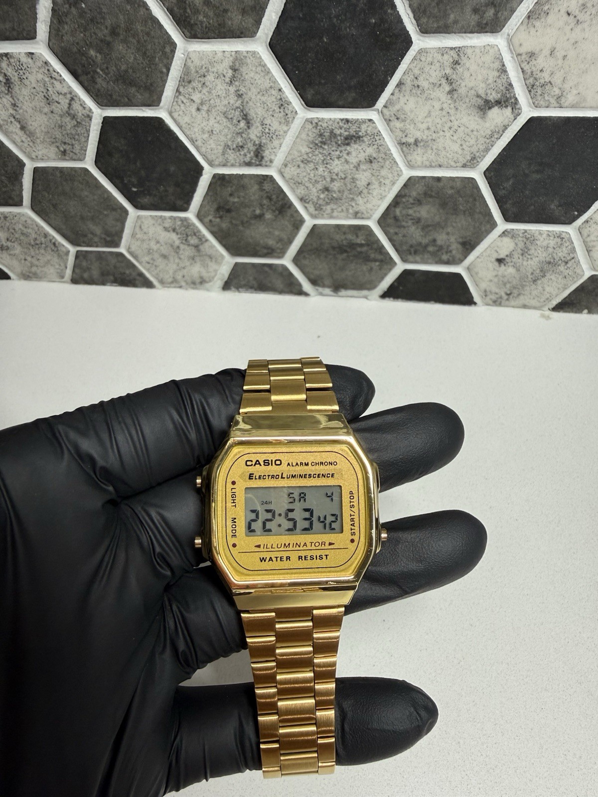 Casio Illuminator Gold Digital Quartz Alarm Chronograph SS Bracelet Wristwatch