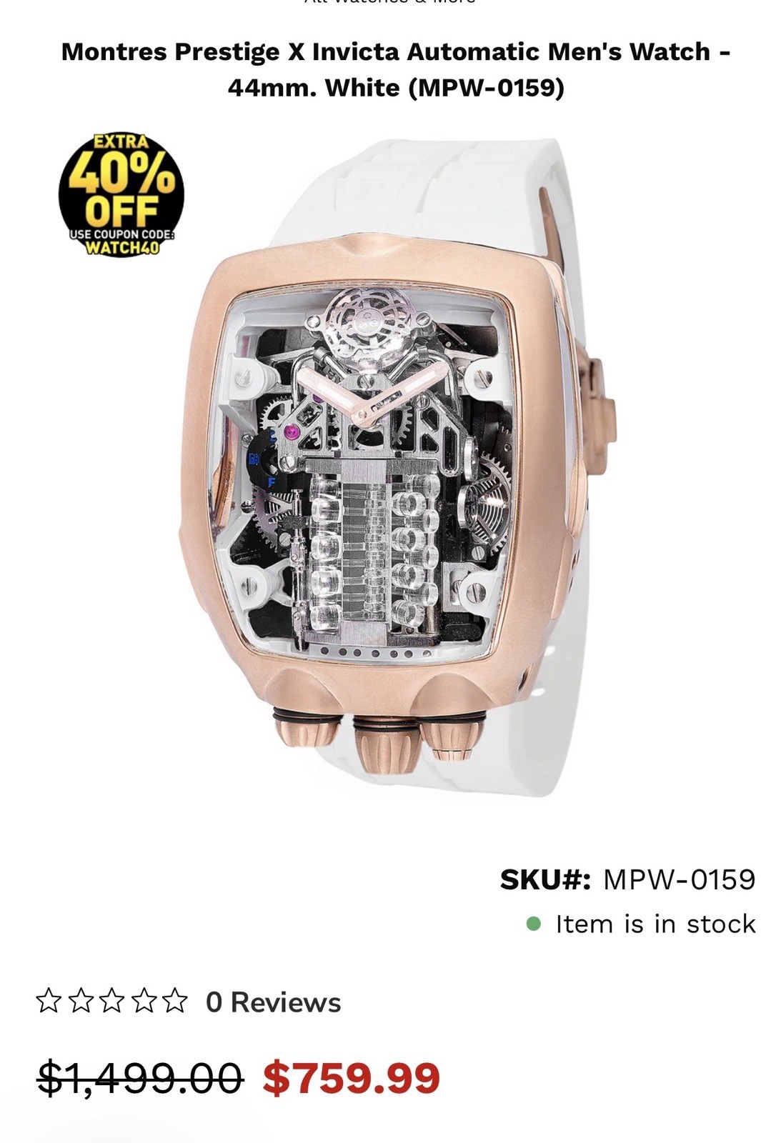 Montres Prestige X Invicta Automatic 44mm Cushion Rose Gold White Rubber Box