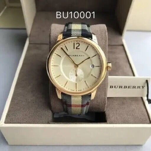 NEW BURBERRY MENS WATCH BU10001 LEATHER FABRIC STRAP & CHAMPAGNE DIAL