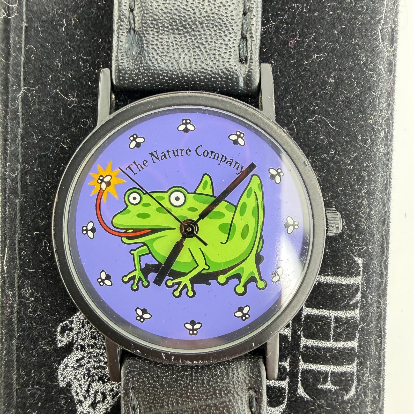 Vintage The Nature Company Boys Watch Frog Purple Dial Black Leather Analog