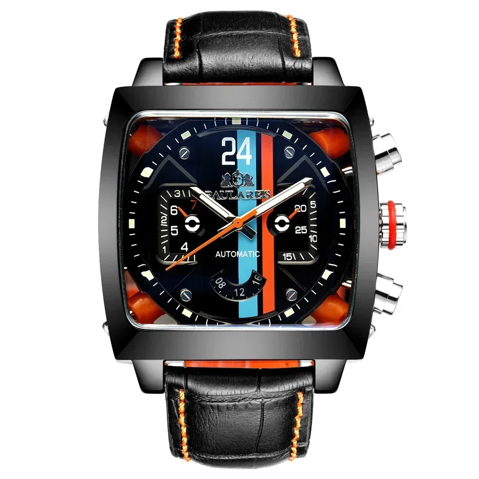 Automatic Watches for Men Mechanical Genuine Leather Stainless Steel Black Orang