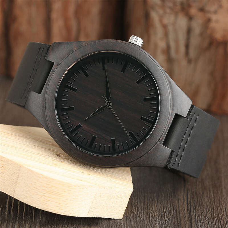 Black Nature Wooden Bamboo PU Leather Band Strap Men’s Quartz Wrist Watch Gift
