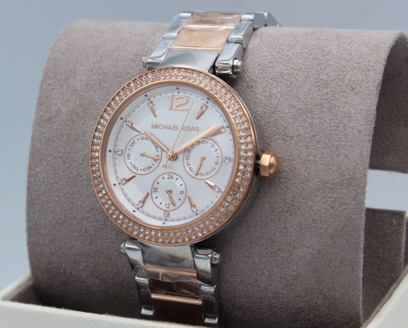 NEW AUTHENTIC MICHAEL KORS PARKER CHRONO SILVER ROSE GOLD MK6301 WOMEN’S WATCH