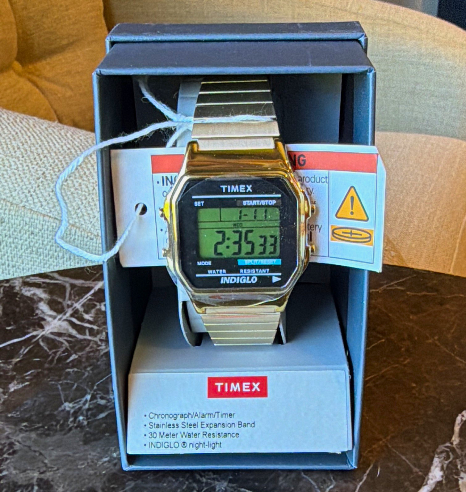 Timex Indiglo Digital Quartz 30m Gold-Tone Square Case SS Bracelet w/ Box