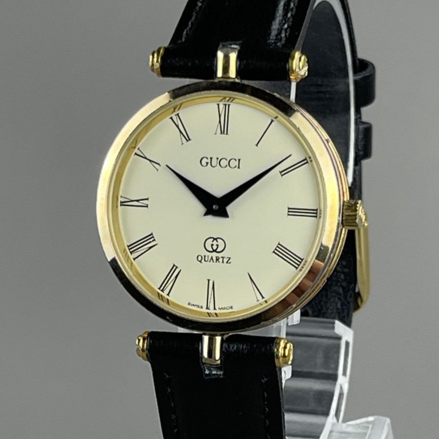 GUCCI Luxury Mens Watch 2000M Gold SS Quartz New Battery New Leather Band