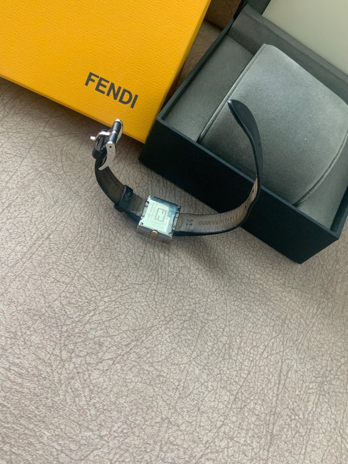 fendi square face leather strap watch