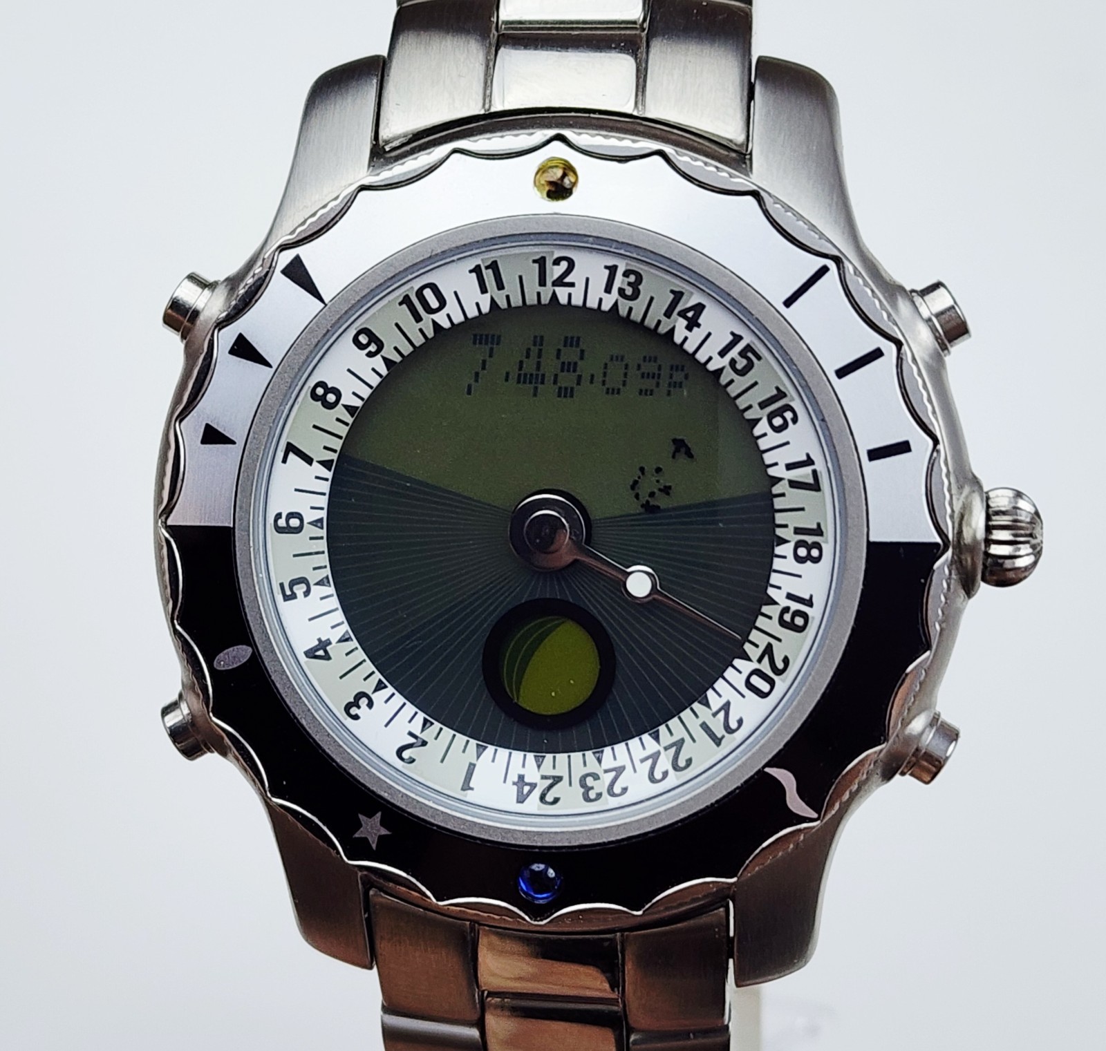 Men MOONPHASE ANALOG-DIGITAL Watch YES “Solstice”. Sunset/Sunrise. Alarm. In BOX