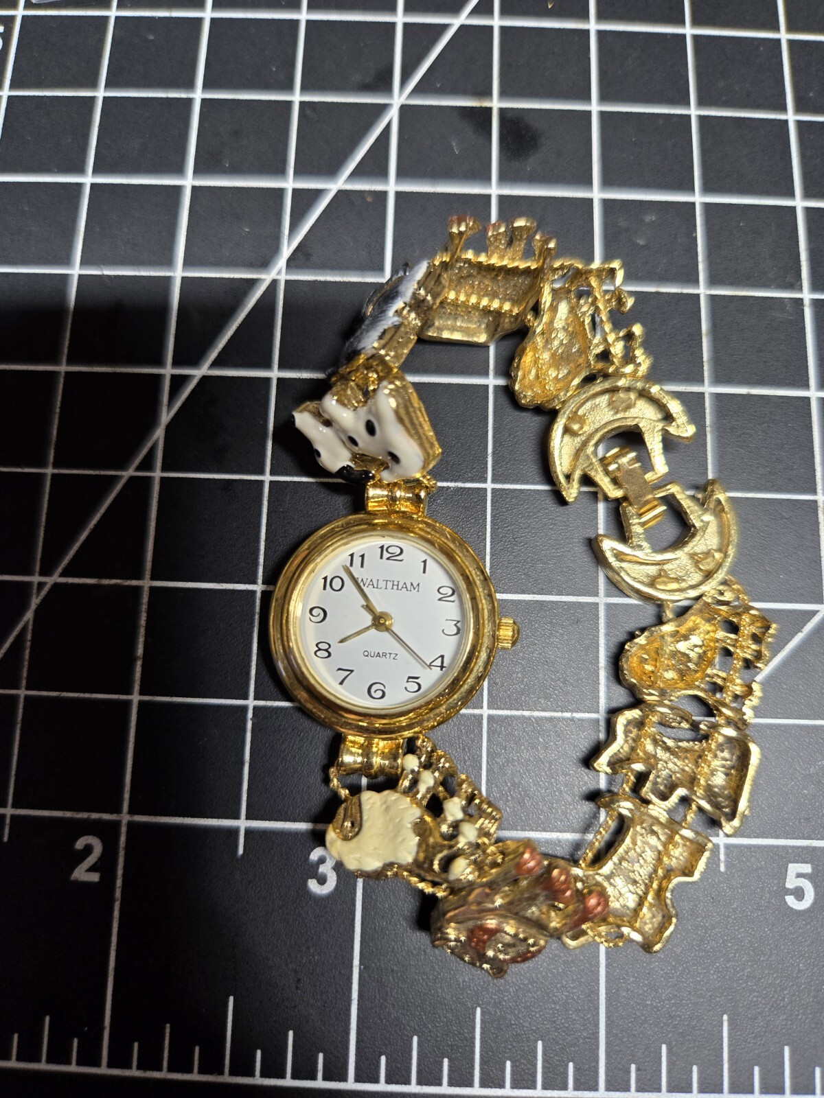 waltham ladies watch dogs puppies charm wristwatch gold tone