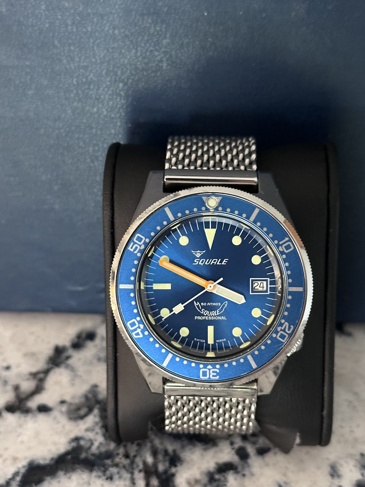 Squale 1521 Ocean BLUE Sunburst Polished 500m Automatic Dive Watch Box & Papers