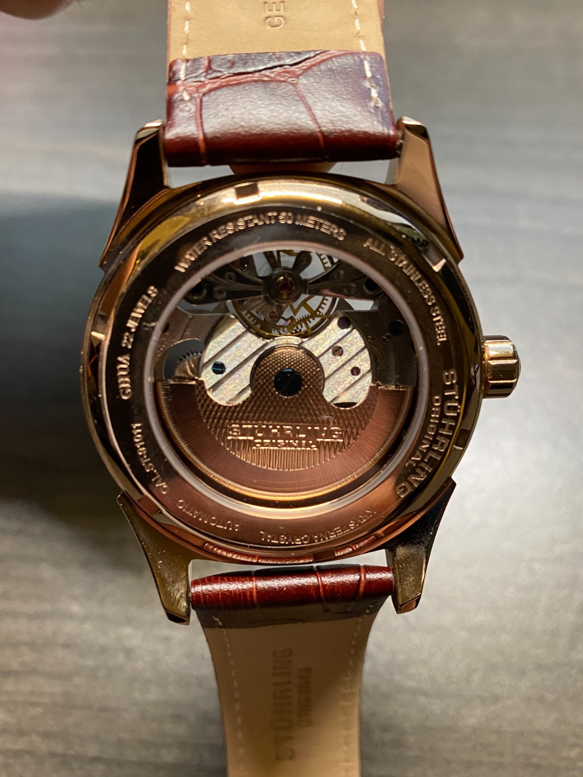 Stuhrling Original Automatic Dual Time Open Heart Rose Gold Watch