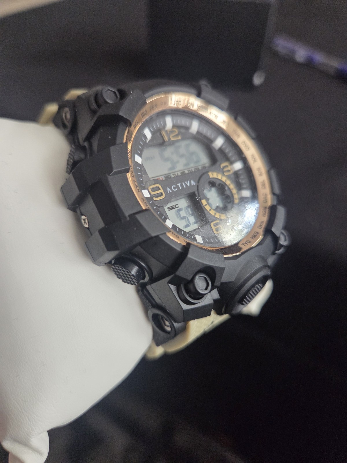 Activa Multi Function Sport Watch Analog/Digital Black/Gold Beige Resin Strap