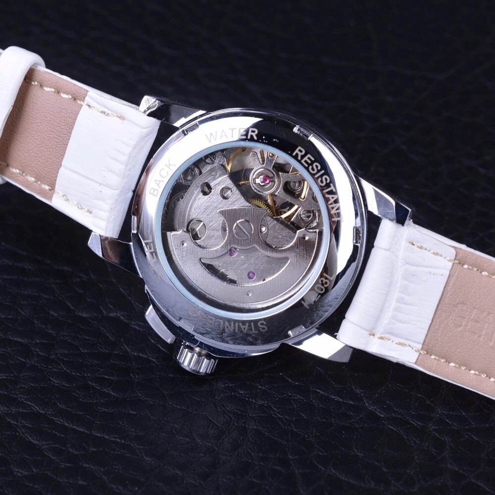 Womens Automatic Transparent Skeleton Luxury Leather Band Ladies Watch Gift Idea