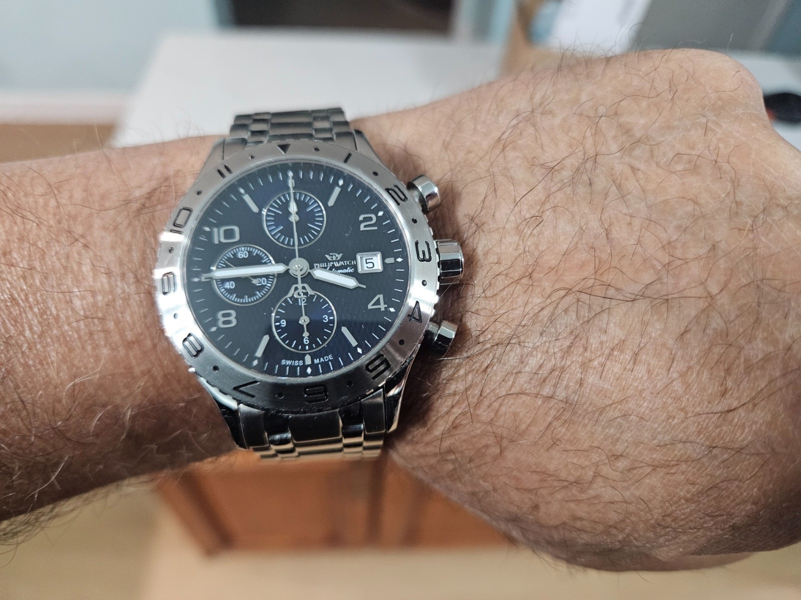 Philip Swiss Automatic Men’s Chronograph, Valjoux 7750, with box/papers