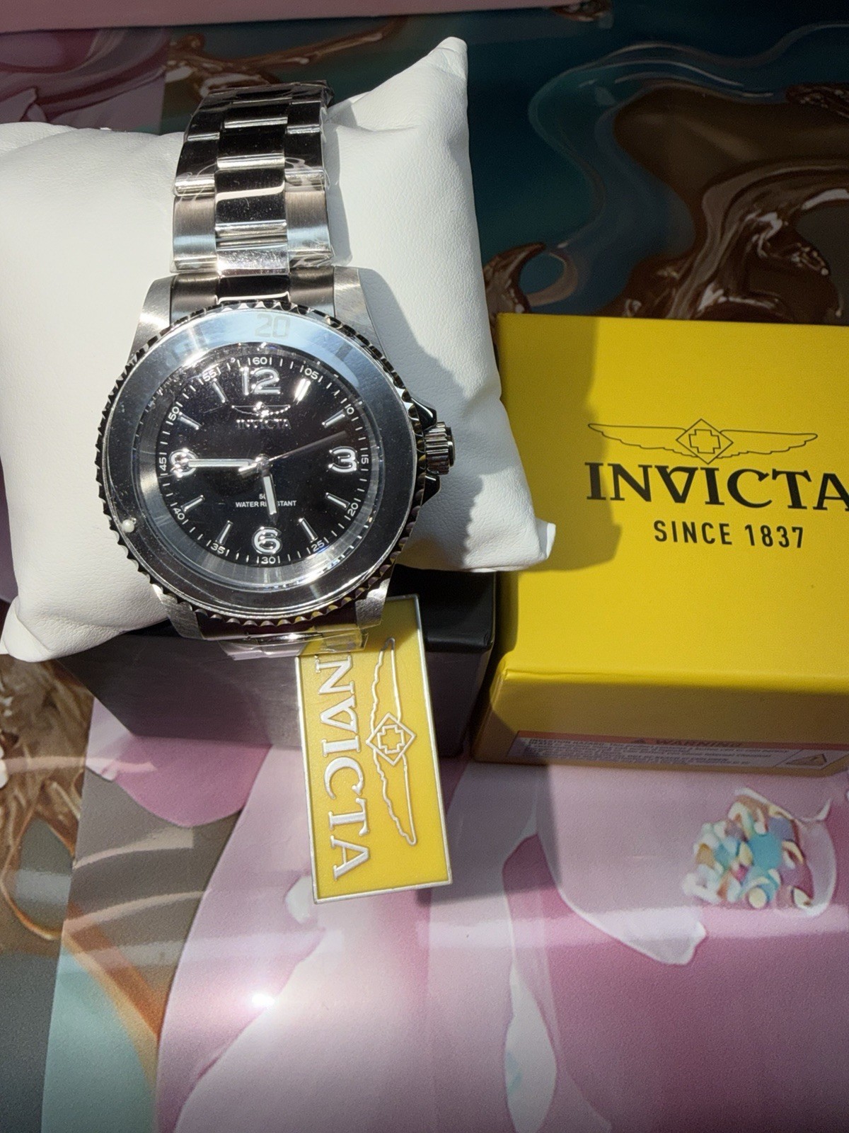 Invicta Men’s Analog Stainless Steel Watch Black Dial Silver Bracelet w/ Box