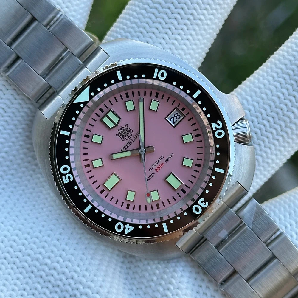 STEELDIVE SD1974 Automatic Watch Pink Dial Black Ceramic Bezel NEW