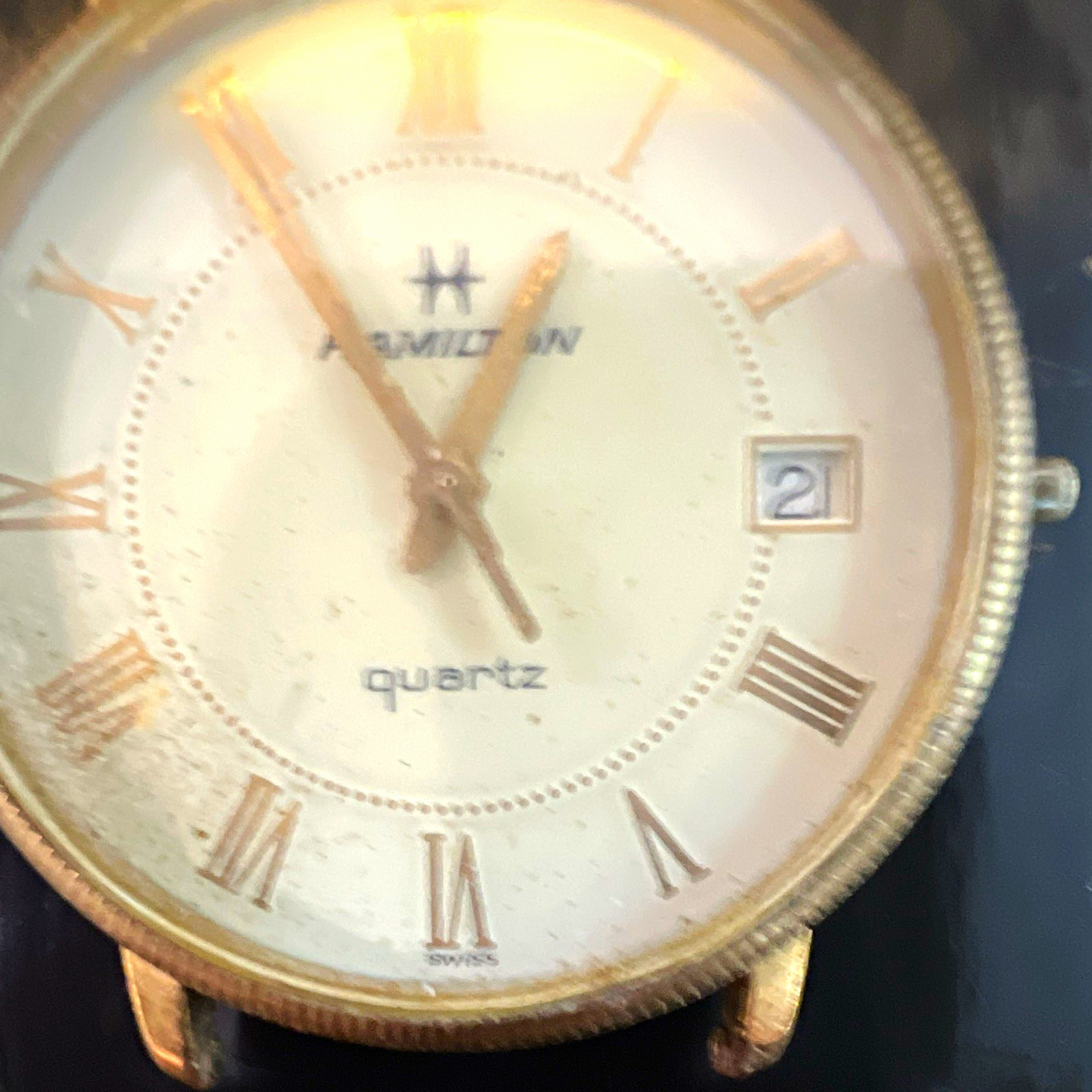Hamilton Quartz Dress Watch White Roman Dial Date Gold 34mm Leather Strap
