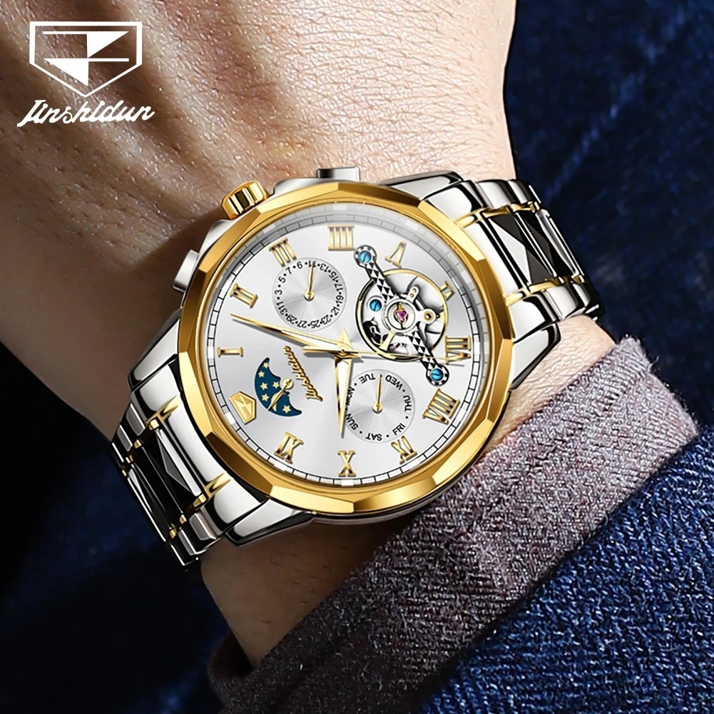 Automatic Mechanical Watch Waterproof Moon Phase Luxury Dial Men Men’s Strap