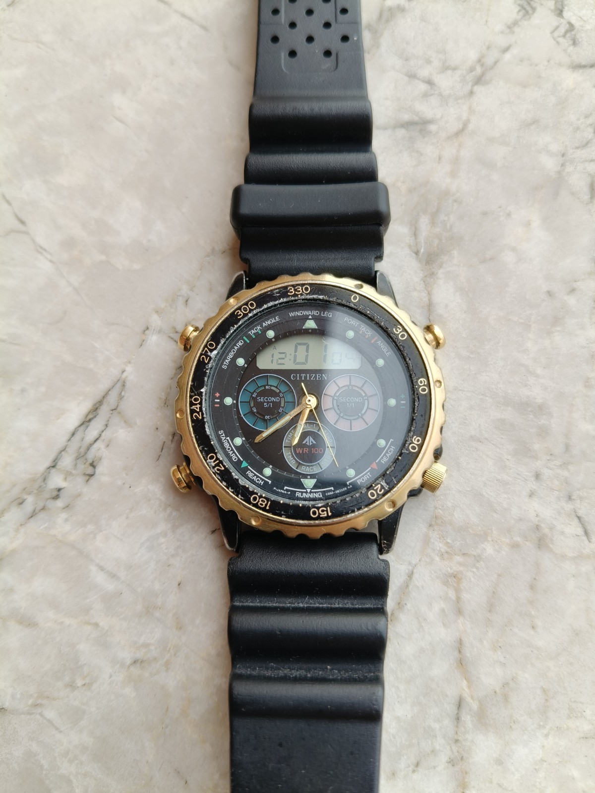 80s CITIZEN YACHT TIMER C050-088409 BLACK PVD WATCH WATCHES WORKING *DEFECTIVE*