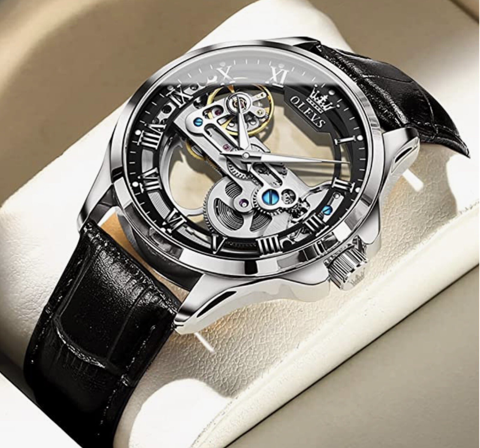 OLEVS Skeleton Watches for Men Automatic Self Winding Mechanical Luxury Leather