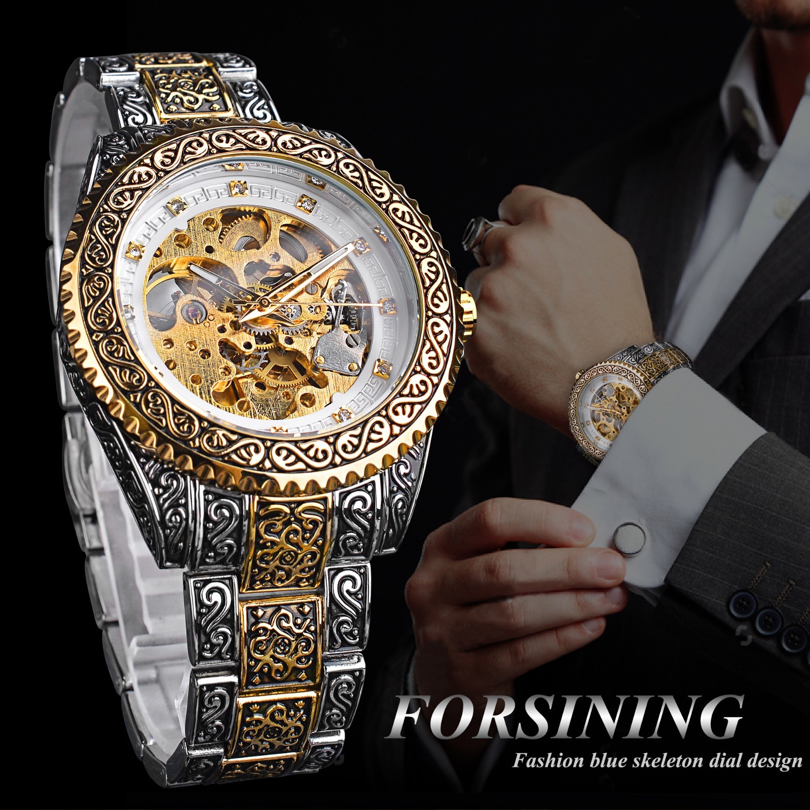 Luxury Skeleton Automatic Watch Men Stainless Steel Mechanical Wristwatch Boxed