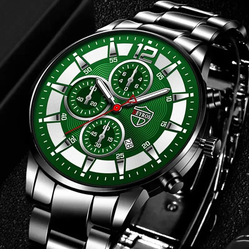 Luxury Men’s Stainless Steel Quartz Watch with Calendar and Luminous Features