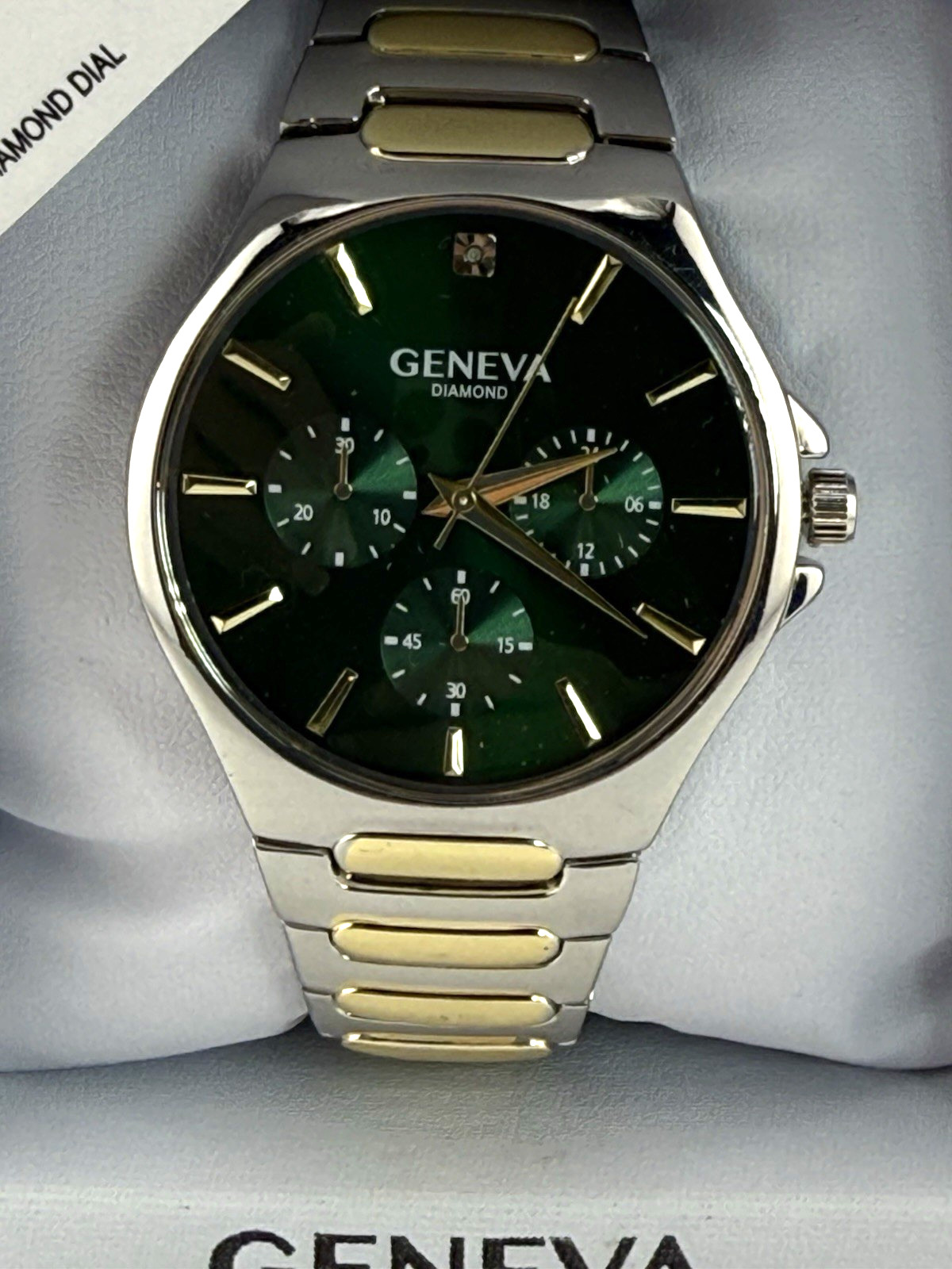 Geneva Men’s Diamond Accent Two Tone Bracelet Watch- Dark Green Dial- Stunning
