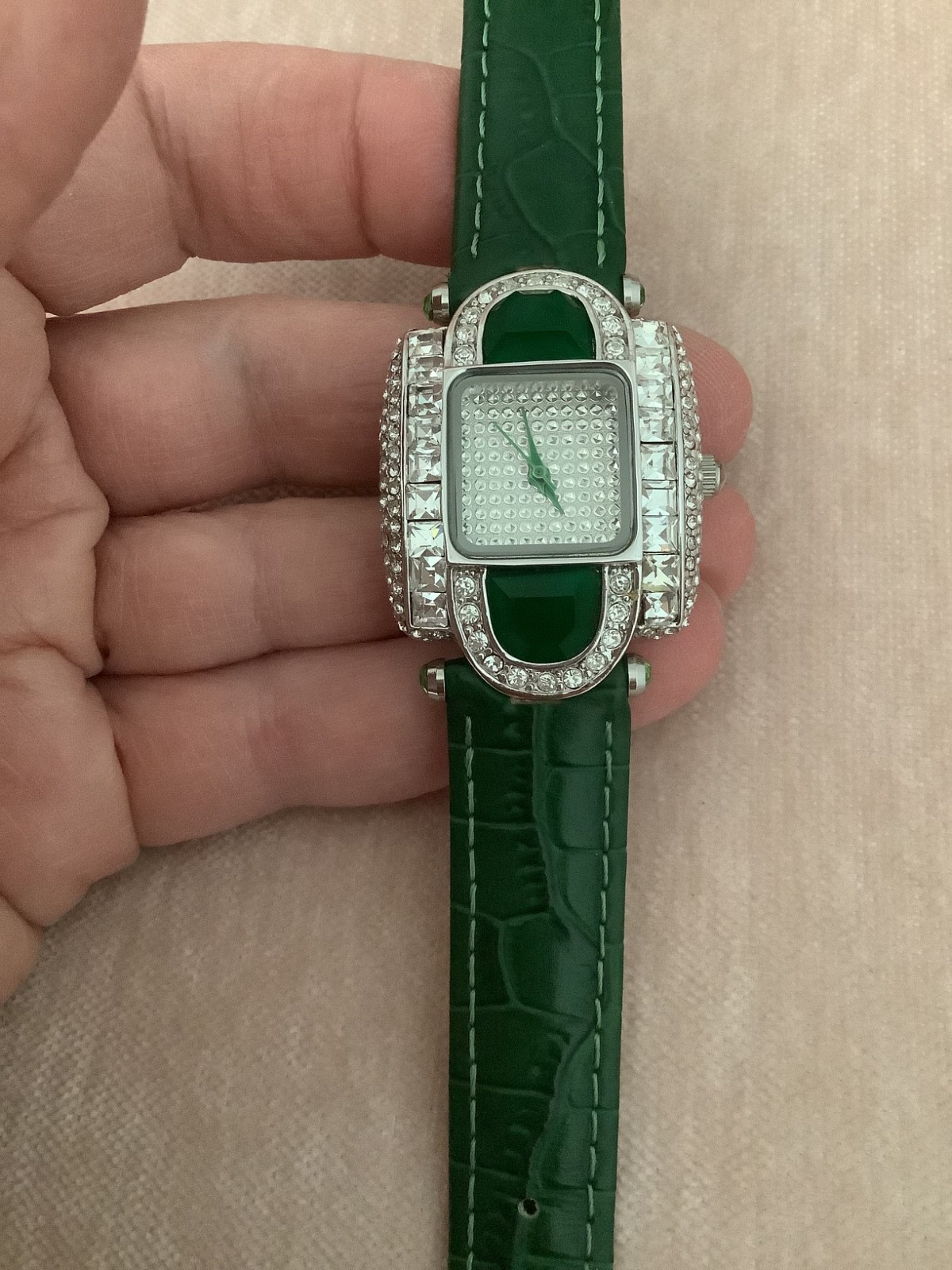 Adrienne Designer Collection Square Rhinestone Ladies Green Leather Band Watch