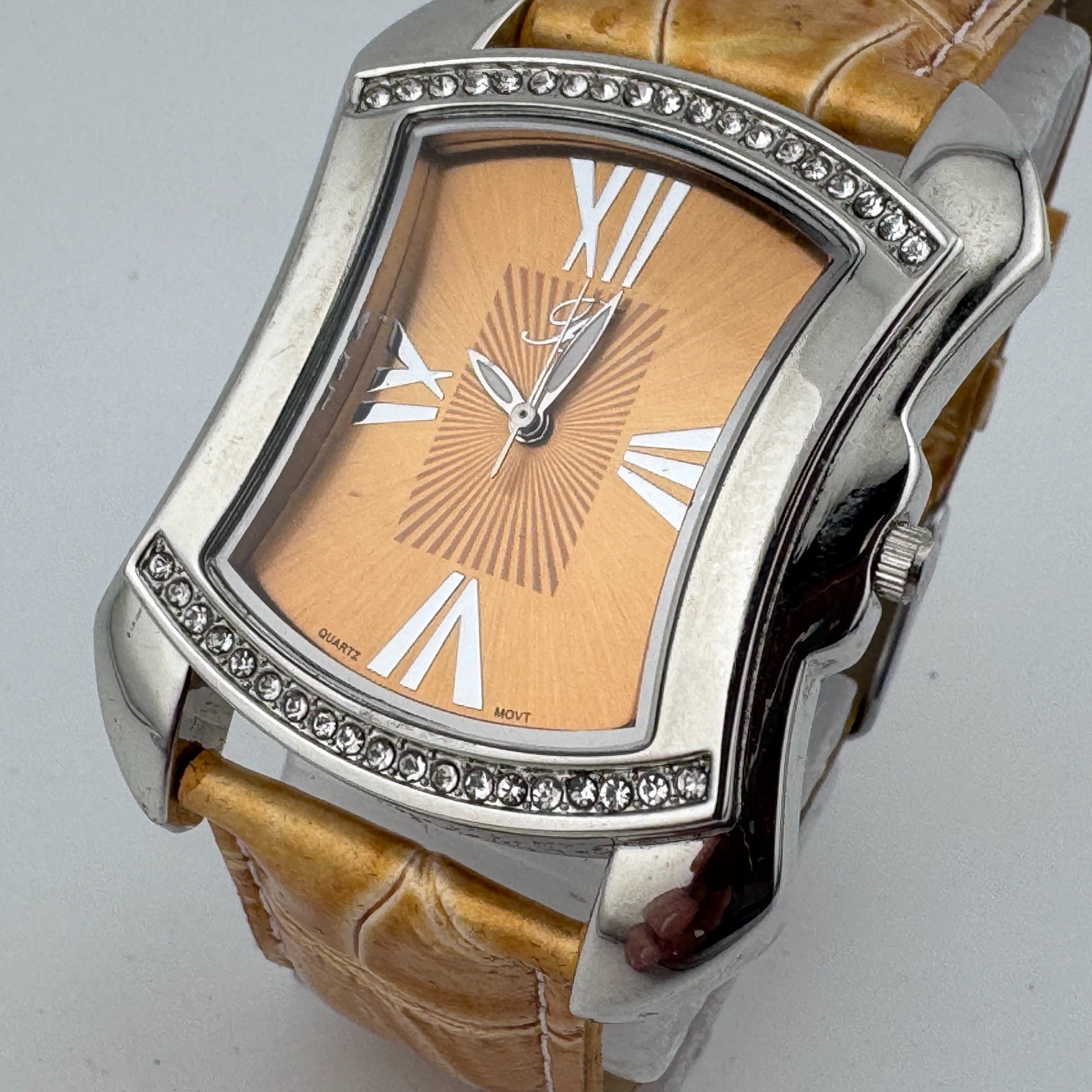 Burgi Quartz Watch Women Silver Brown Rhinestone Leather Analog New Battery