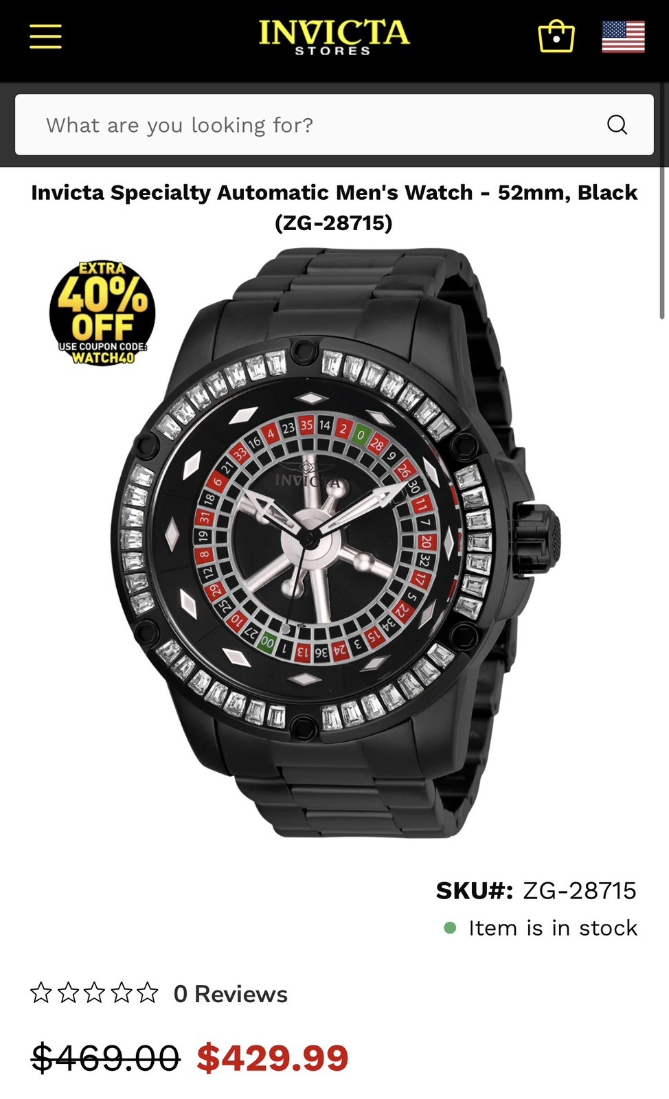 Invicta Specialty ROULETTE Monte Carlo AUTOMATIC Men’s Watch 52mm Black 28712