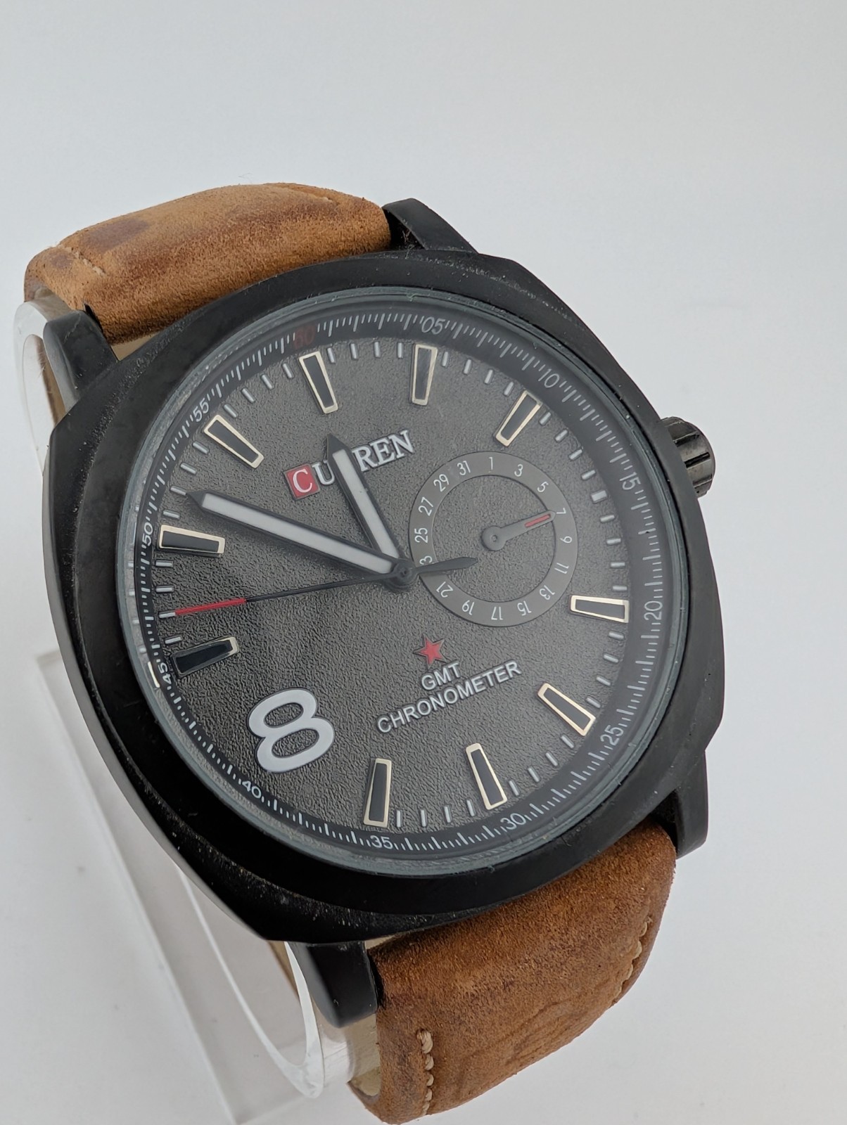 Curren Watch Men 42mm Black Case Brown Leather Band- New Battery