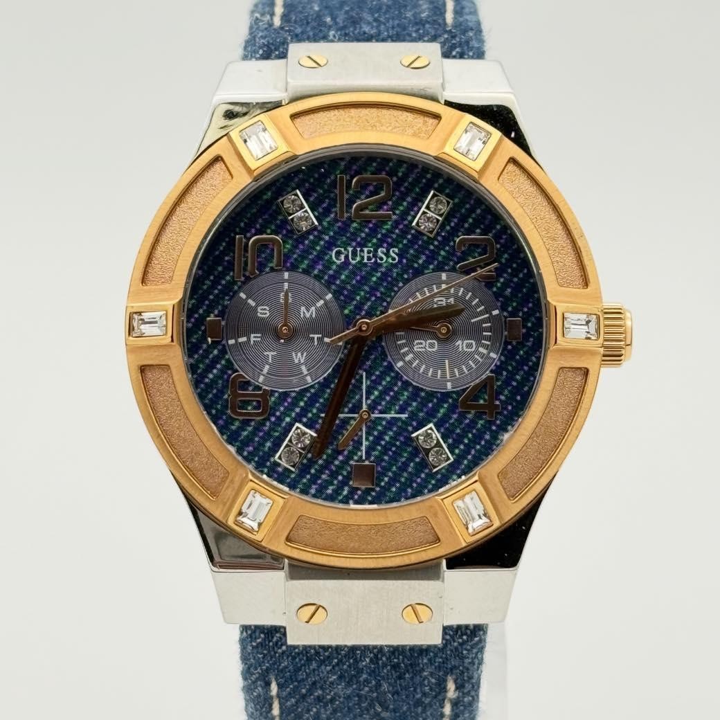 Guess Jet Setter W0289L1 Denim Strap Crystal Ladies Quartz Watch 39mm In hand