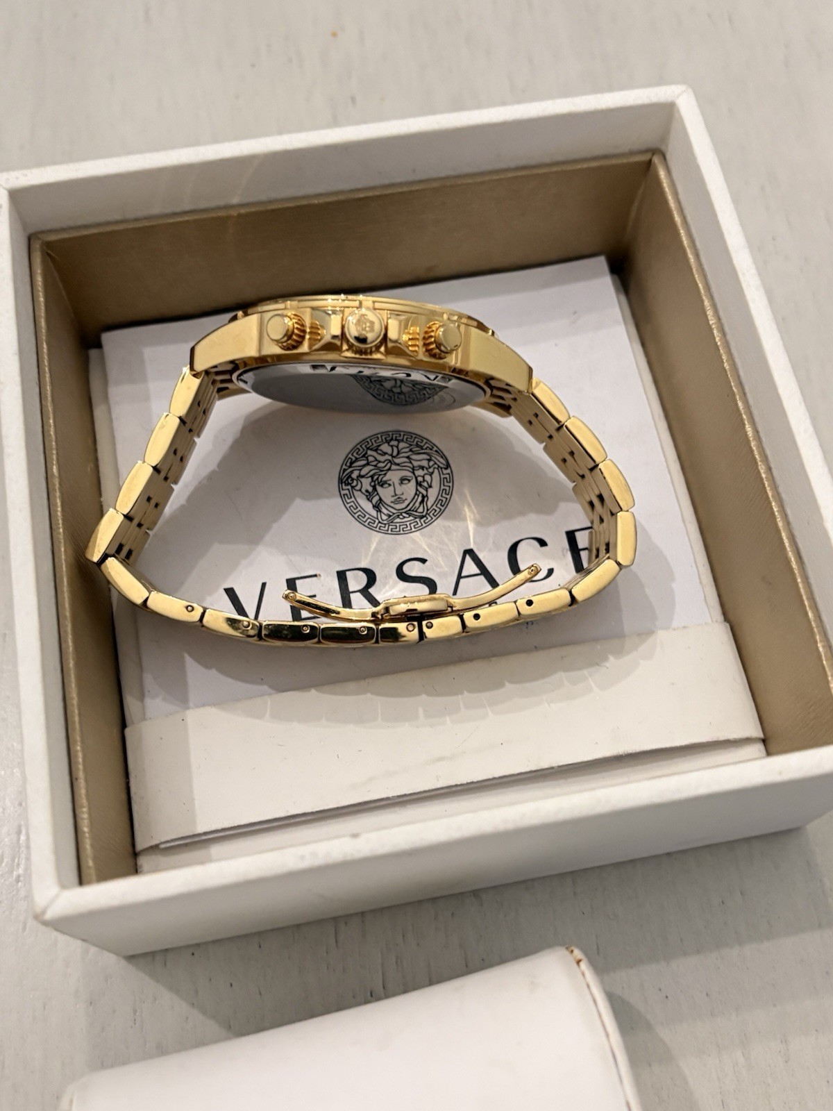 Versace Men’s Quartz Chronograph Date Black Dial Gold-Tone Bracelet Box Manual