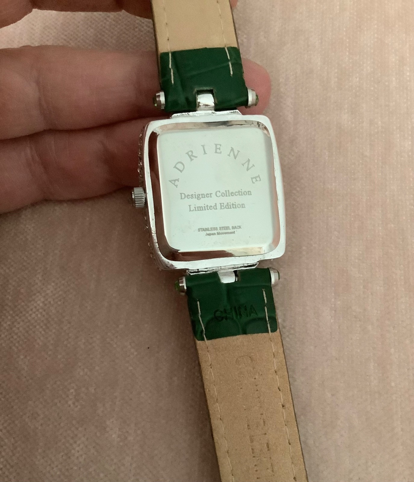 Adrienne Designer Collection Square Rhinestone Ladies Green Leather Band Watch