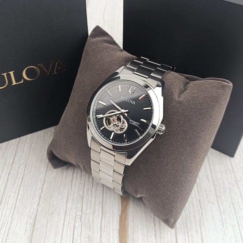 Bulova Surveyor Automatic Black Gold Dial Silver Steel Men Watch 42mm 96A270