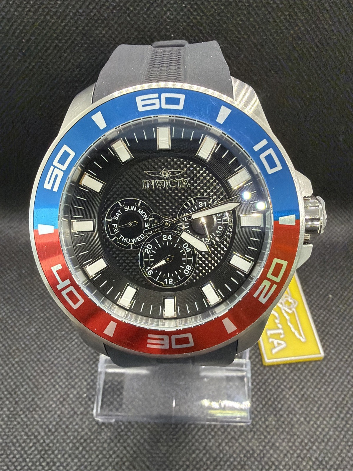 INVICTA PRO DIVER IMPACT BLACK DIAL SILVER RED & BLUE CASE 50mm NEW Stunning!